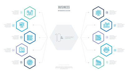 business concept business infographic design with 10 hexagon options. outline icons such as decreasing stocks bars graphic, globe analytics, data analytics descendant graphic, 3d data analytics bars