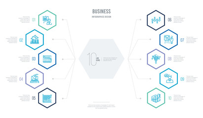business concept business infographic design with 10 hexagon options. outline icons such as increasing stocks graphic of bars, businessman talking about data analysis, data search interface, person