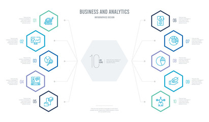 business and analytics concept business infographic design with 10 hexagon options. outline icons such as business skills, businessman analysis, chart pie, circular chart, circular graphic of