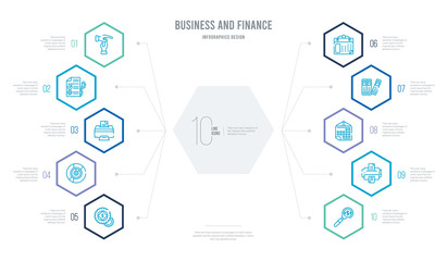 business and finance concept business infographic design with 10 hexagon options. outline icons such as investigate, print document, monthly wall calendar, binder, wall calendar, pie chart diagram