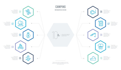 camping concept business infographic design with 10 hexagon options. outline icons such as mountain, trees, fishing rod, gasoline, fishing, bonfire