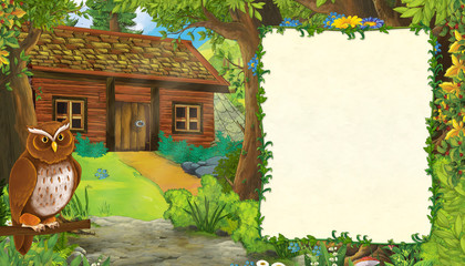 cartoon summer scene with bird eagle with path to the farm village with frame for text - nobody on the scene - illustration for children