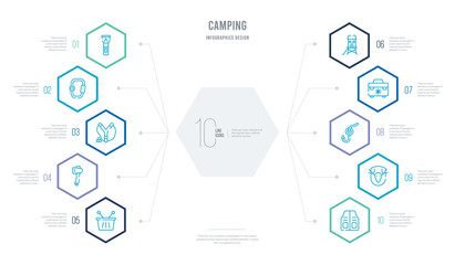 camping concept business infographic design with 10 hexagon options. outline icons such as fishing vest, hunting trophy, hook, freezer, lodge, hatchet