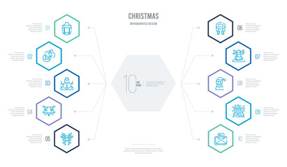christmas concept business infographic design with 10 hexagon options. outline icons such as letter shadow, birthday and party, mrs claus, christmas, scarfs, celebration garlands