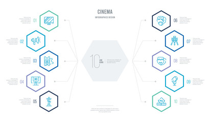 cinema concept business infographic design with 10 hexagon options. outline icons such as parental guidance, studio mic, smile mask, cinema light source, sad mask, 3d television
