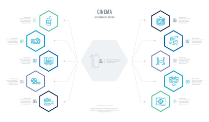 cinema concept business infographic design with 10 hexagon options. outline icons such as film counter, movie billboard, cinema borders, cinema clapperboard, television with antenna, movie roll