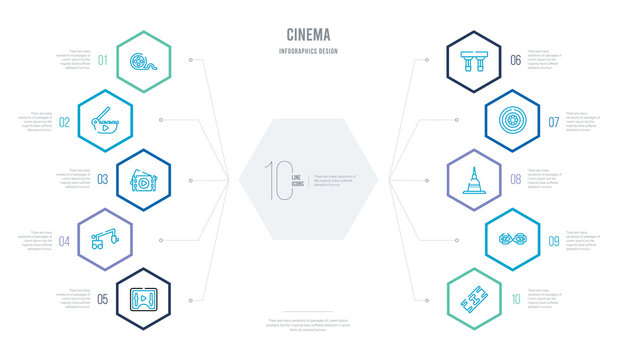 cinema concept business infographic design with 10 hexagon options. outline icons such as image fotogram, 3d paper glasses, mole antonelliana in turin, round carpet, solid, jimmy jib