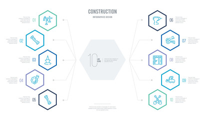 construction concept business infographic design with 10 hexagon options. outline icons such as two shovels, trolley truck, big door, home key, electric drill, wrench and gear