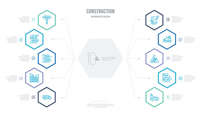 construction concept business infographic design with 10 hexagon options. outline icons such as tow truck, brickwall, progress, bulldozer, interior de,