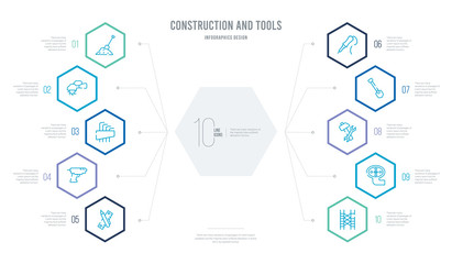 construction and tools concept business infographic design with 10 hexagon options. outline icons such as scaffolding, drain, improvement, spade, iron soldering, caulk gun