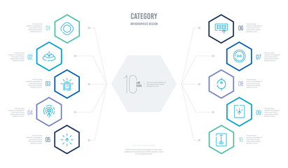 category concept business infographic design with 10 hexagon options. outline icons such as word, select, scroll, hold, typing, pointer