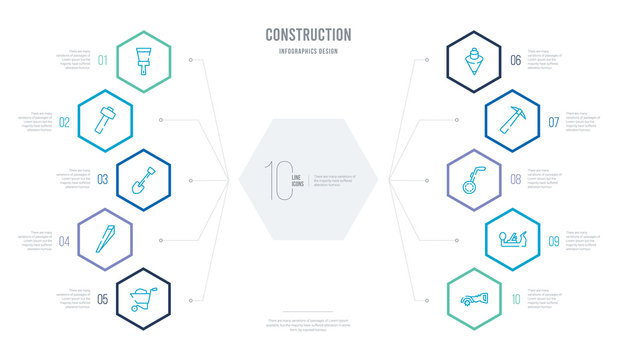 construction concept business infographic design with 10 hexagon options. outline icons such as hand saw, jack plane, measuring wheel, pick axe, plumb bob, wedge tool