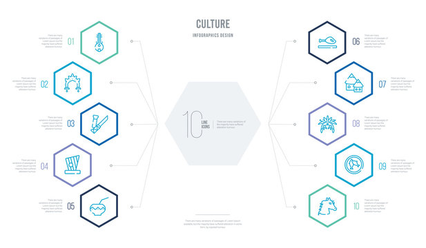 culture concept business infographic design with 10 hexagon options. outline icons such as horse head, imperial carp, indian headdress, indian village, jam&oacute;n serrano, kankles