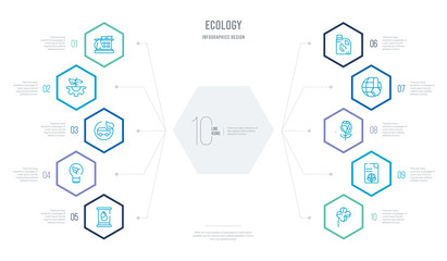 ecology concept business infographic design with 10 hexagon options. outline icons such as shamrock, recycled paper, rose, global warming, biodiesel, eco bulb