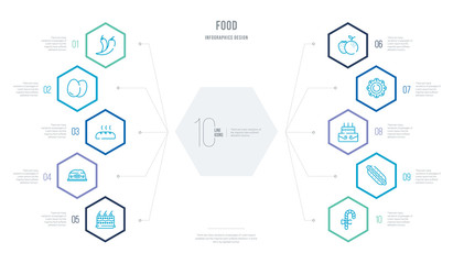 food concept business infographic design with 10 hexagon options. outline icons such as christmas candy sticks, hot dog with mustard, celebration cake, flower shaped biscuits, foods, dog food