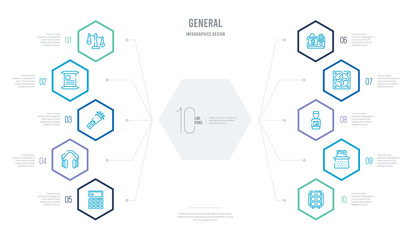 general concept business infographic design with 10 hexagon options. outline icons such as filing cabinet, typewriter with paper, washing machine, big electric fan, back camera, small headphone