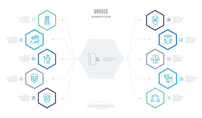 greece concept business infographic design with 10 hexagon options. outline icons such as omega, zeus, robe, armor, socrates, plato