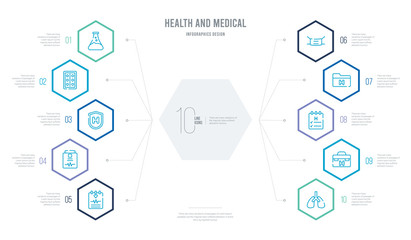 health and medical concept business infographic design with 10 hexagon options. outline icons such as lung, medical, medical checklist, file, mask, result