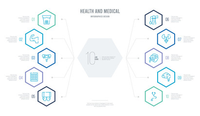 health and medical concept business infographic design with 10 hexagon options. outline icons such as phonendoscope, neurology, optometrist, urology, breast pump, contraceptive pills