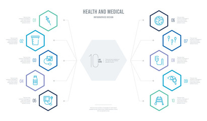 health and medical concept business infographic design with 10 hexagon options. outline icons such as medical walker, ophthalmology, saline, sperm, spermatozoon, syrup