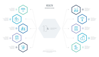 health concept business infographic design with 10 hexagon options. outline icons such as exercise, nutrition, proteins, body, stationary bike, kettlebell