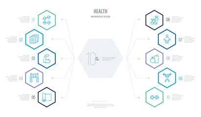 health concept business infographic design with 10 hexagon options. outline icons such as dumbbell, weightlifting, orange juice, fat, food, rings