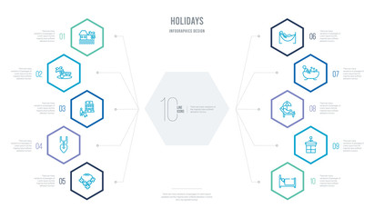 holidays concept business infographic design with 10 hexagon options. outline icons such as bed, basin, sunbath, bathing, hammocks, swimming suit