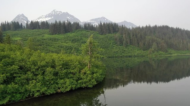 flying past lake shoreline to reveal forest and snowy mountains