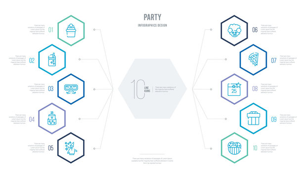 party concept business infographic design with 10 hexagon options. outline icons such as big ice cream bowl, giftbox with ribbon, calendar with date, pizza slice, clown head, birthday pictures