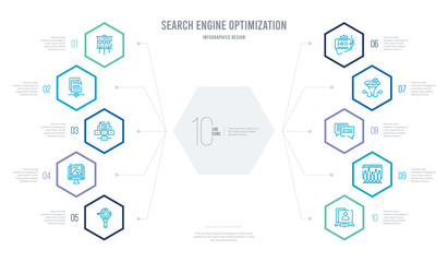 search engine optimization concept business infographic design with 10 hexagon options. outline icons such as sha folder, ranking, speech bubbles, funnel, tags, image