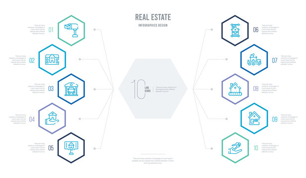 real estate concept business infographic design with 10 hexagon options. outline icons such as house key, real estate, fence, moving truck, print, buy
