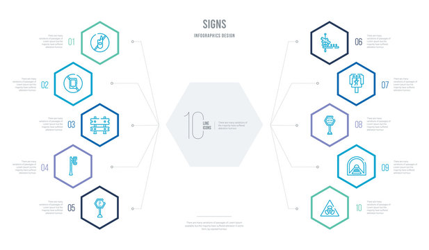 Signs Concept Business Infographic Design With 10 Hexagon Options. Outline Icons Such As Biohazard Risk Triangular, Tunnel, One Way Street, Street Traffic Triangular, Rail Road Crossing Cross,