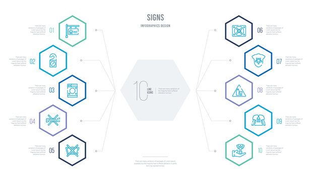 signs concept business infographic design with 10 hexagon options. outline icons such as hand with champions cup, man with badge on his cheast, broken glass, sheriff star, do not dry, do not wring