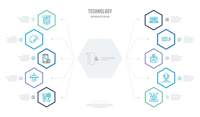 technology concept business infographic design with 10 hexagon options. outline icons such as customers, radio microphone, photograph camera, battery power, laptop frontal monitor, light on