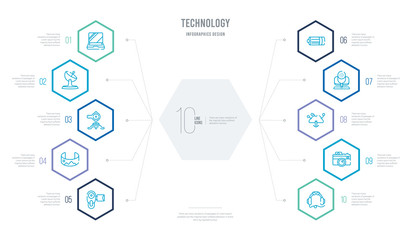 technology concept business infographic design with 10 hexagon options. outline icons such as big headphones, vintage digital camera, download from virtual cloud, big microphone, battery with two