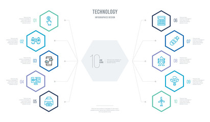 technology concept business infographic design with 10 hexagon options. outline icons such as eolic, ecologic bulb, electric, file storage, calculations, touristic