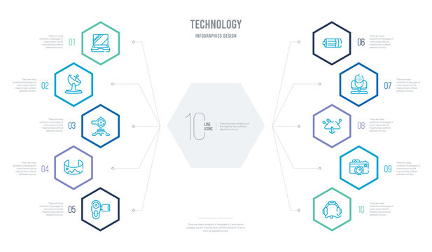 technology concept business infographic design with 10 hexagon options. outline icons such as big headphones, vintage digital camera, download from virtual cloud, big microphone, battery with two