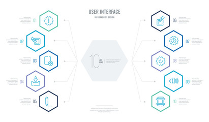 user interface concept business infographic design with 10 hexagon options. outline icons such as artboard, sound on, on off power button, question button, export archive, file inbox