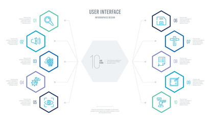 user interface concept business infographic design with 10 hexagon options. outline icons such as two chat bubbles, check box with cursor, list layout with check boxes, cross, floppy disk save