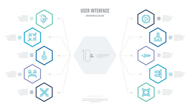 user interface concept business infographic design with 10 hexagon options. outline icons such as exit full screen arrows, blank left arrow, return left arrow, upload button, play video button,