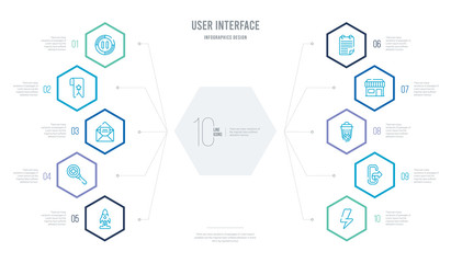 user interface concept business infographic design with 10 hexagon options. outline icons such as lightning,  , remove, store, padnote, zoom