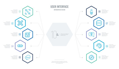 user interface concept business infographic design with 10 hexagon options. outline icons such as navigator, history, voice message, minus, add user, charging status