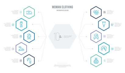 woman clothing concept business infographic design with 10 hexagon options. outline icons such as perfume, shoulder length, female long black hair, creme container black, parfume, hair clip tool