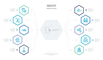 industry concept business infographic design with 10 hexagon options. outline icons such as oil rig, extraction, oil price, fossil fuels, oiler, hand pump