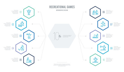 recreational games concept business infographic design with 10 hexagon options. outline icons such as people dancing, people playing darts, people fishing, football player playing, playing game,