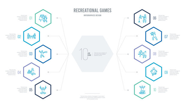 recreational games concept business infographic design with 10 hexagon options. outline icons such as people jumping, people playing jumping rope, people playing limbo, playing paintball, painting,