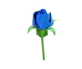 Origami blue rose Isolated on white background. DIY (Do It Yourself) ideas for Valentine’s gift. Blue roses are often used to symbolise secret or unattainable love.