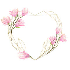 finished picture of the Golden outline of the heart framed by pink Magnolia flowers and Golden leaves
