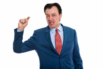Studio shot of mature businessman looking furious while pointing finger