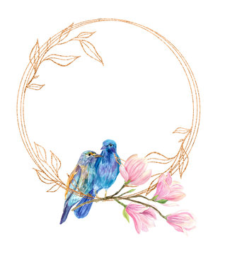 a finished picture of two blue birds sitting on pink Magnolia flowers in a Golden circle with twigs and leaves on a white background